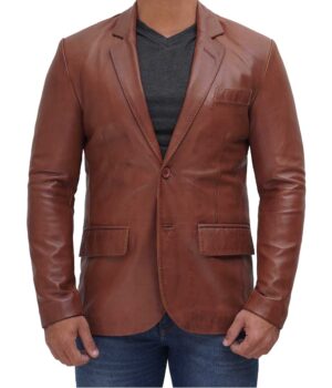 Brandon Tan Mens Leather Blazer Jacket