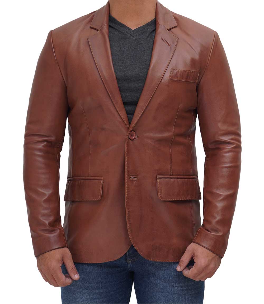 Brandon Tan Mens Leather Blazer Jacket Brandon Tan Mens Leather Blazer Jacket