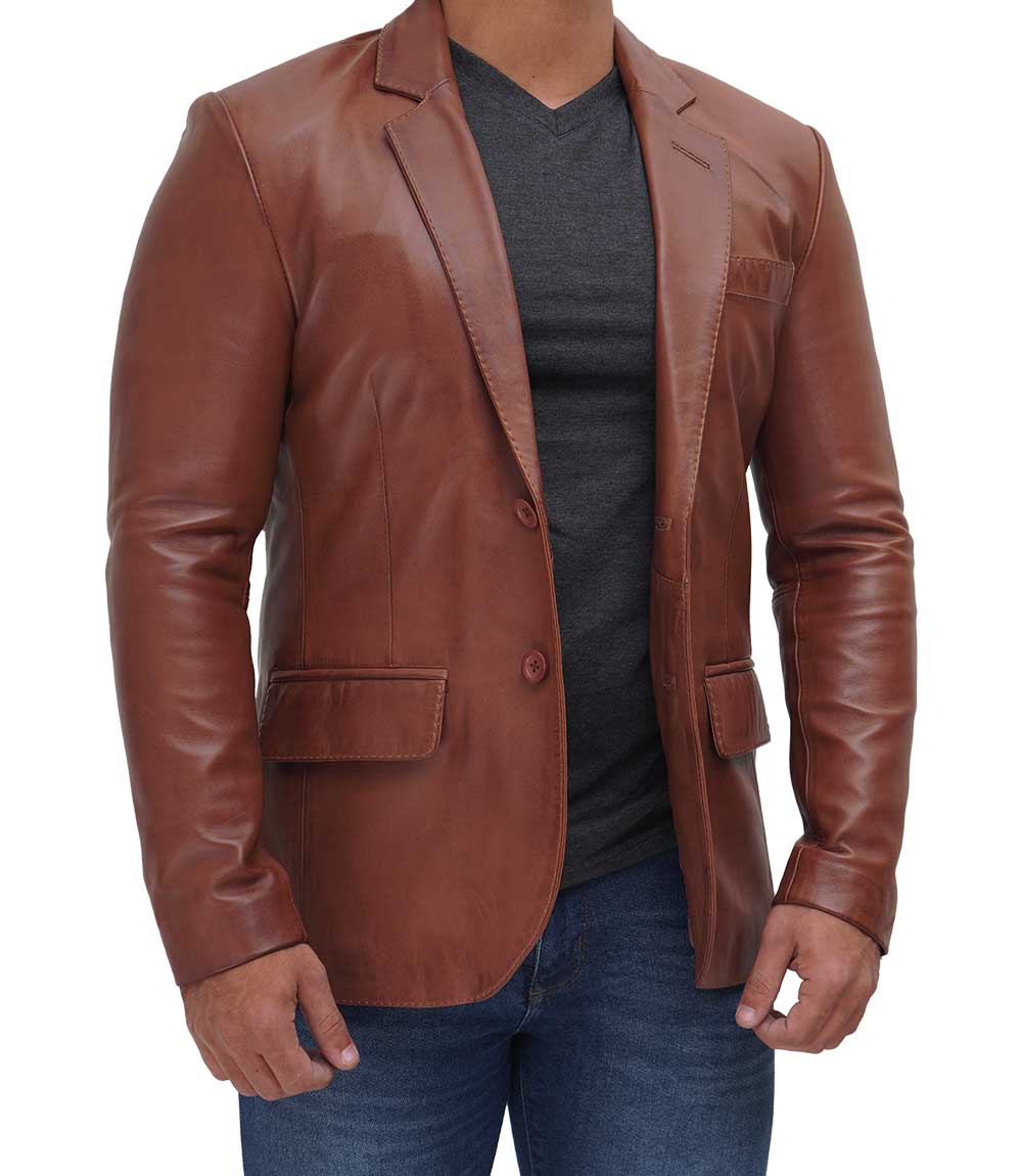Brandon Tan Mens Leather Blazer Jacket Brandon Tan Mens Leather Blazer Jacket