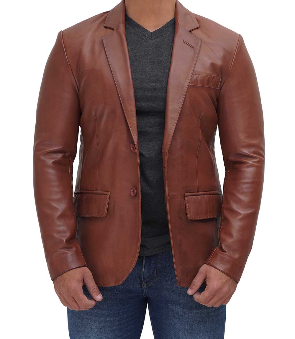 Brandon Tan Mens Leather Blazer Jacket Brandon Tan Mens Leather Blazer Jacket