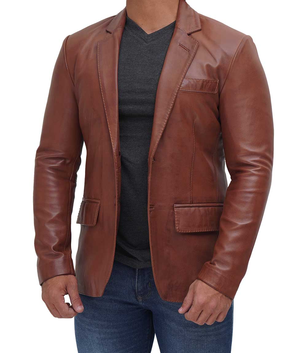 Brandon Tan Mens Leather Blazer Jacket Brandon Tan Mens Leather Blazer Jacket