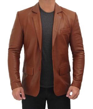 Mens Cognac Leather Blazer Jacket