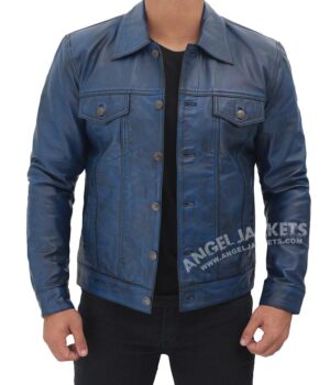 Fernando Blue Trucker Leather Jacket