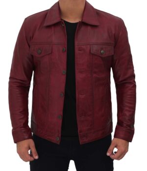 Mens Maroon Leather Trucker Jacket