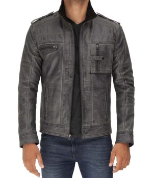 Mens Cafe Racer Light Grey Distressed Leather Jacket