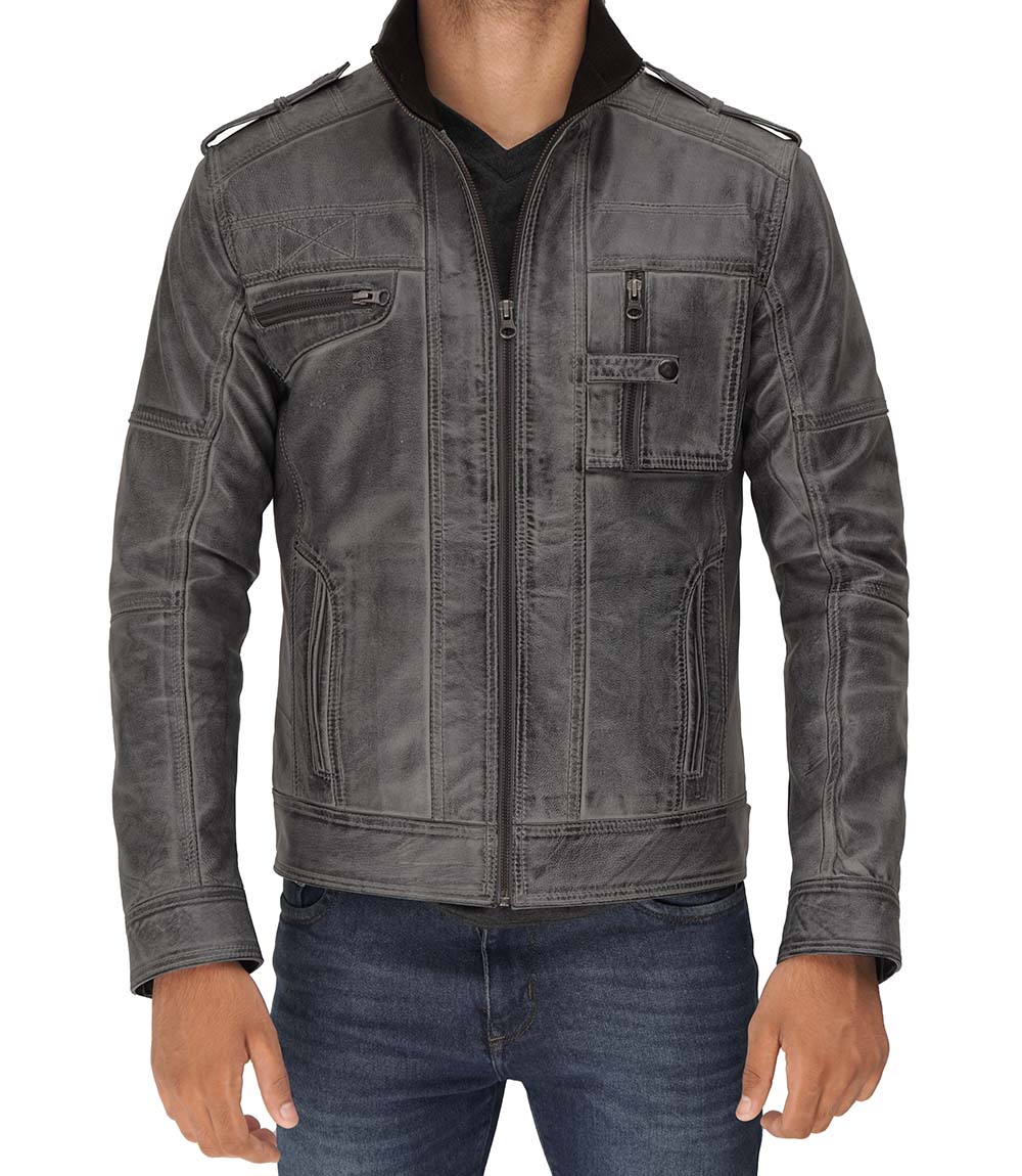 Mens Cafe Racer Light Grey Distressed Leather Jacket Mens Cafe Racer Light Grey Distressed Leather Jacket