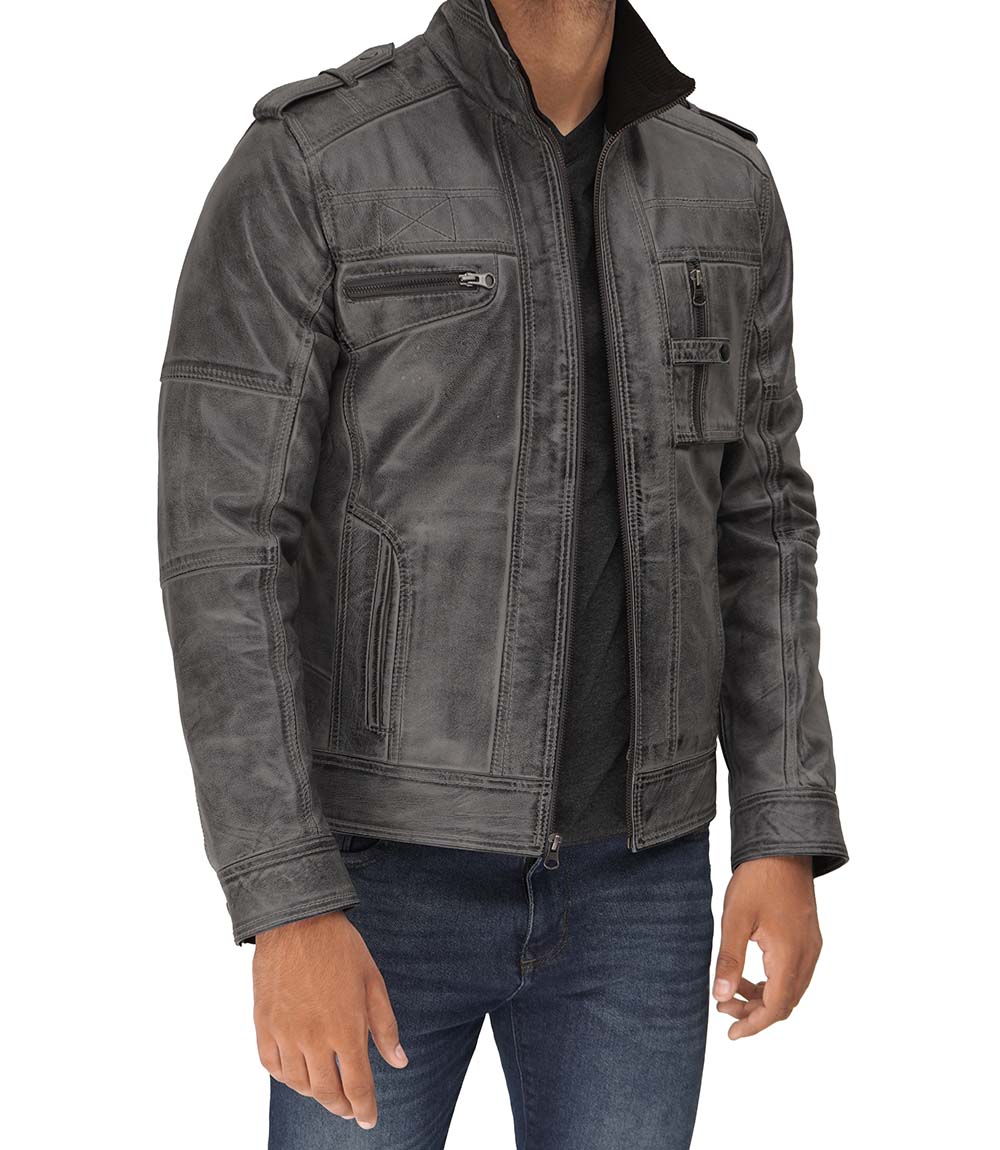 Mens Cafe Racer Light Grey Distressed Leather Jacket Mens Cafe Racer Light Grey Distressed Leather Jacket