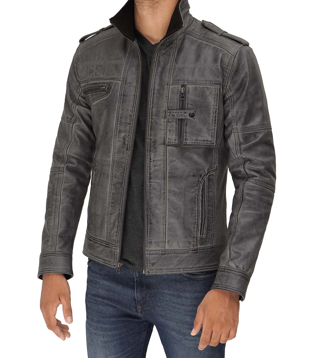Mens Cafe Racer Light Grey Distressed Leather Jacket Mens Cafe Racer Light Grey Distressed Leather Jacket