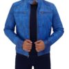 Dodge Mens Sky Blue Cafe Racer Style Leather Jacket