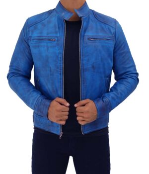 Dodge Mens Sky Blue Cafe Racer Style Leather Jacket