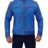 Dodge Mens Sky Blue Cafe Racer Style Leather Jacket