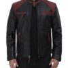 Black and Maroon Cafe Racer Leather Jacket Mens