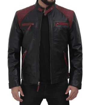 Black and Maroon Cafe Racer Leather Jacket Mens