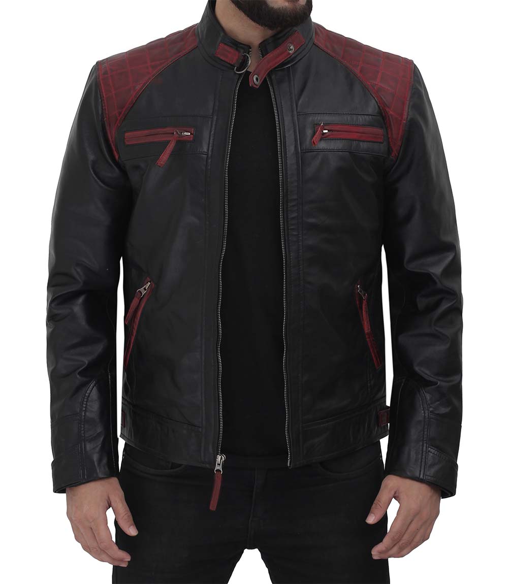Black and Maroon Cafe Racer Leather Jacket Mens Black and Maroon Cafe Racer Leather Jacket Mens
