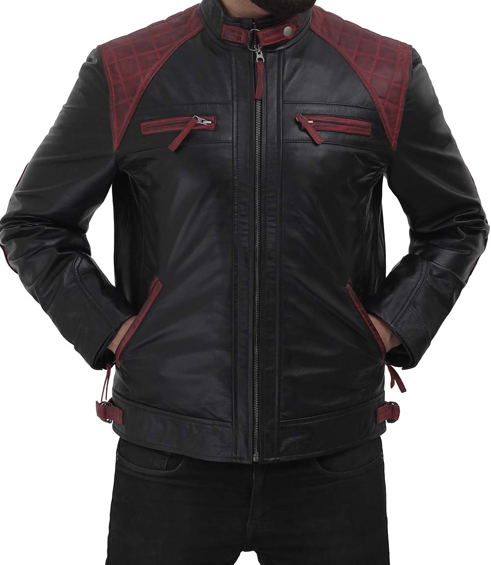 Black and Maroon Cafe Racer Leather Jacket Mens Black and Maroon Cafe Racer Leather Jacket Mens