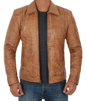 Waxed Yellow Leather Jacket Mens