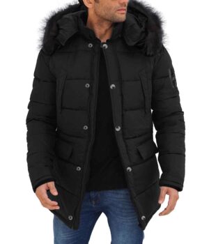  Black 3/4 Length Puffer Coat With Fur Hood Mens