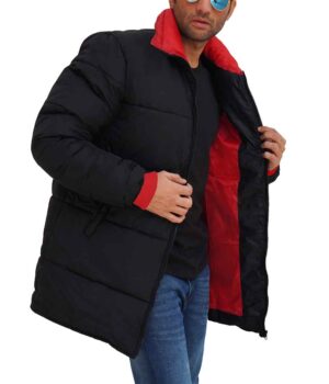  Mens 3/4 Length Black and Red Puffer Coat