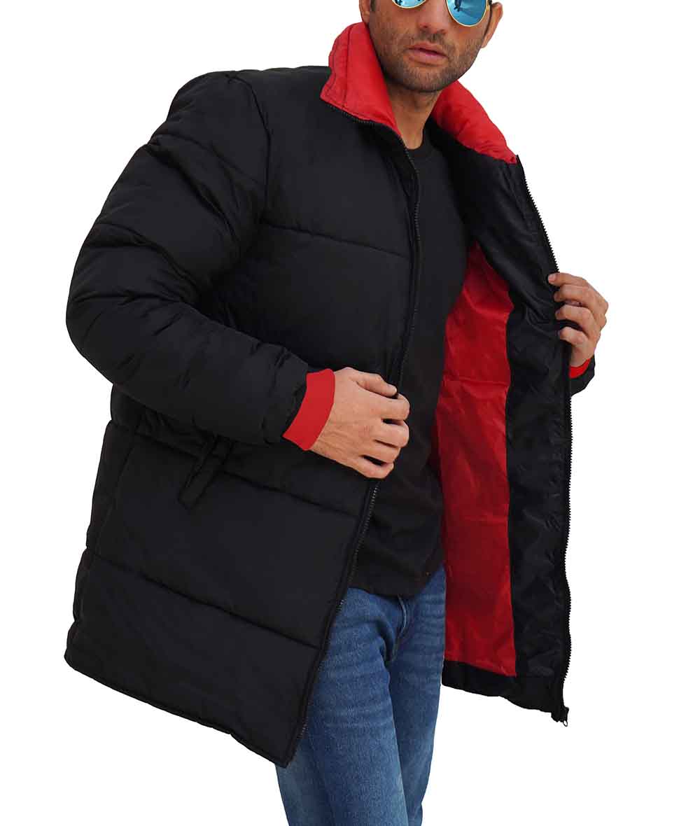 Mens 3/4 Length Black and Red Puffer Coat Mens 3/4 Length Black and Red Puffer Coat