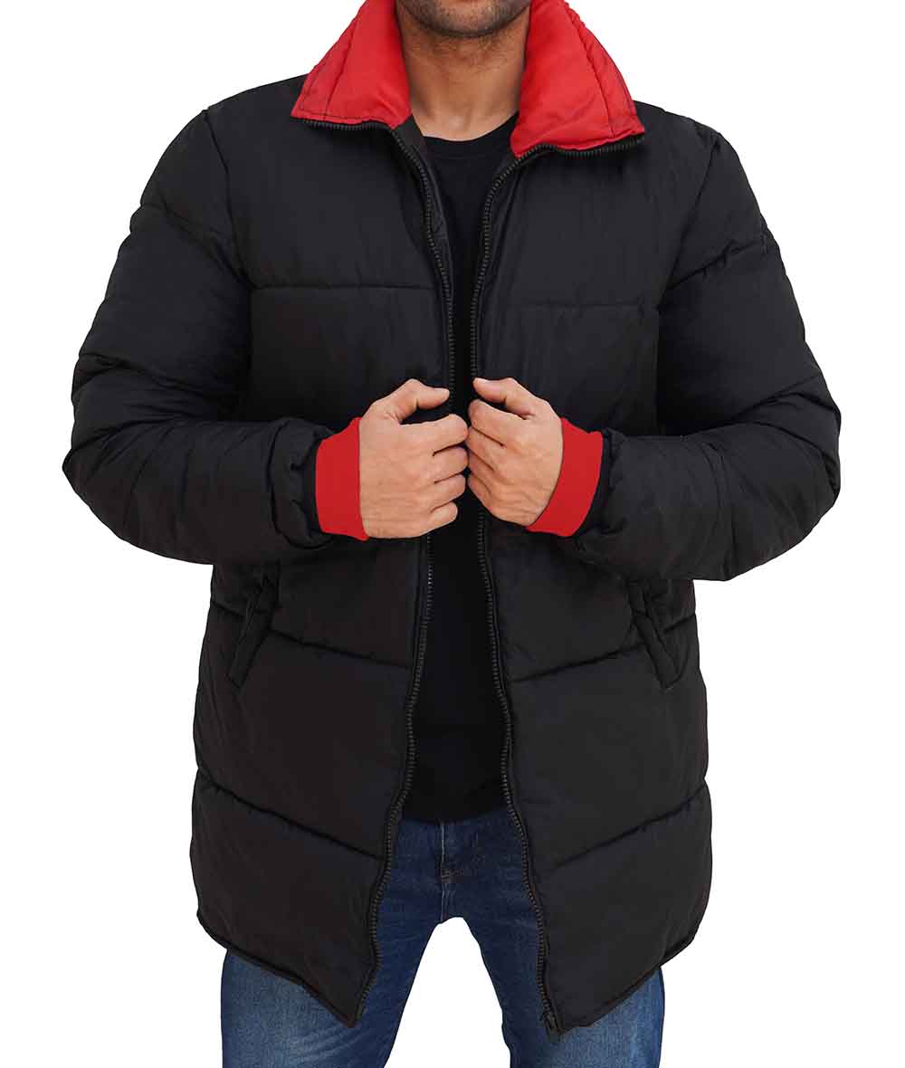 Mens 3/4 Length Black and Red Puffer Coat Mens 3/4 Length Black and Red Puffer Coat