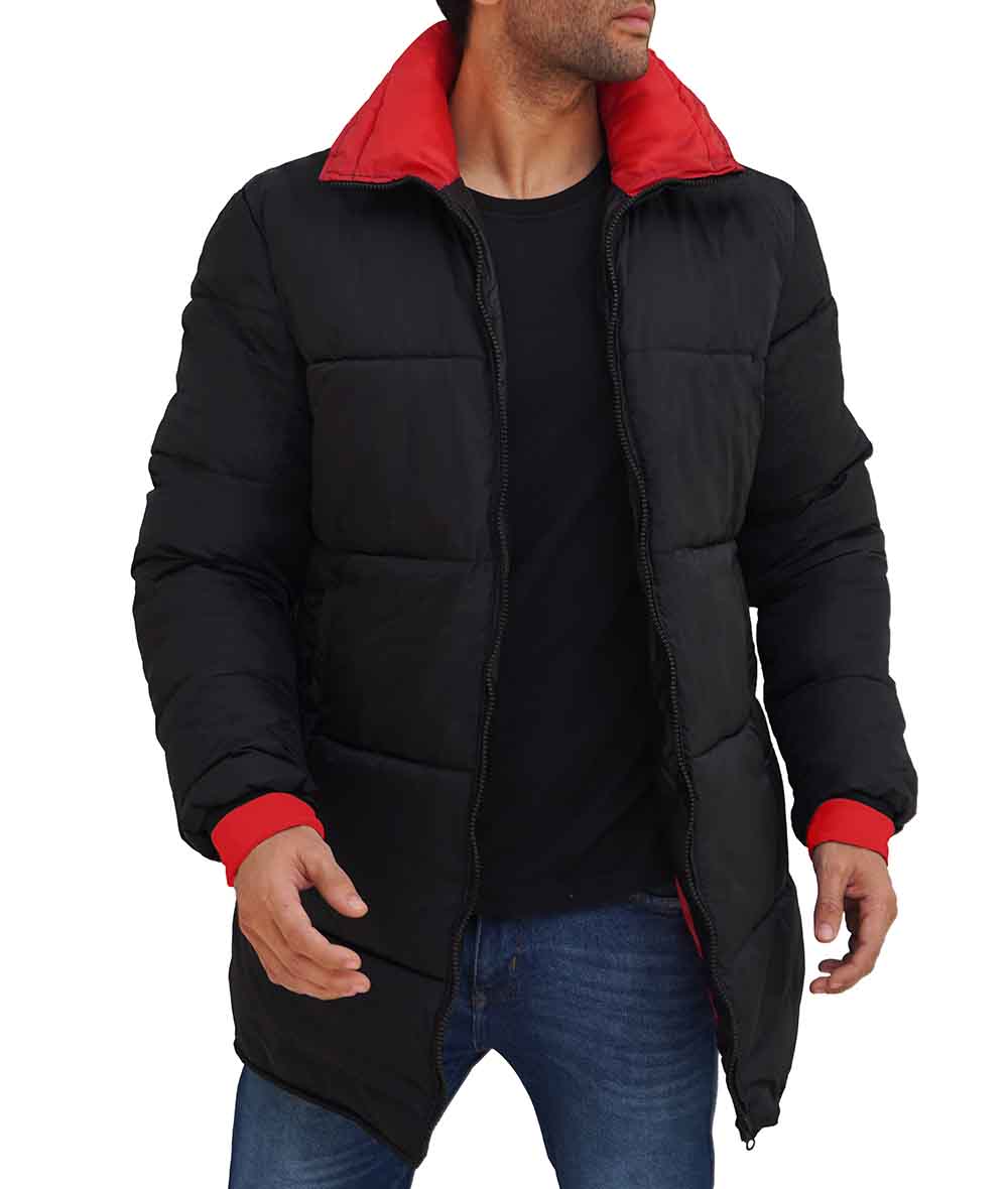 Mens 3/4 Length Black and Red Puffer Coat Mens 3/4 Length Black and Red Puffer Coat