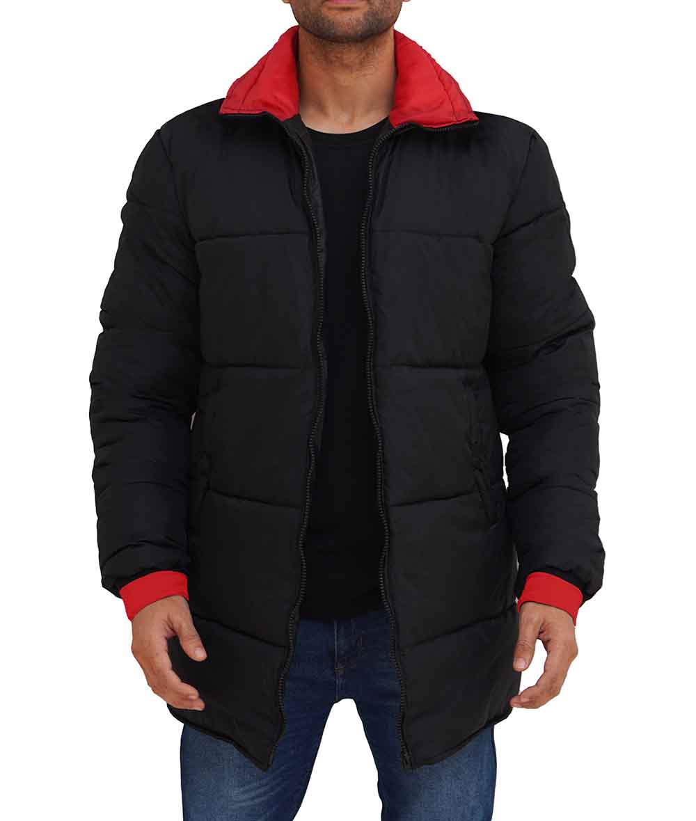 Mens 3/4 Length Black and Red Puffer Coat Mens 3/4 Length Black and Red Puffer Coat