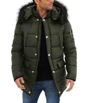  Mens Army Green 3/4 Length Puffer Coat With Fur Hood