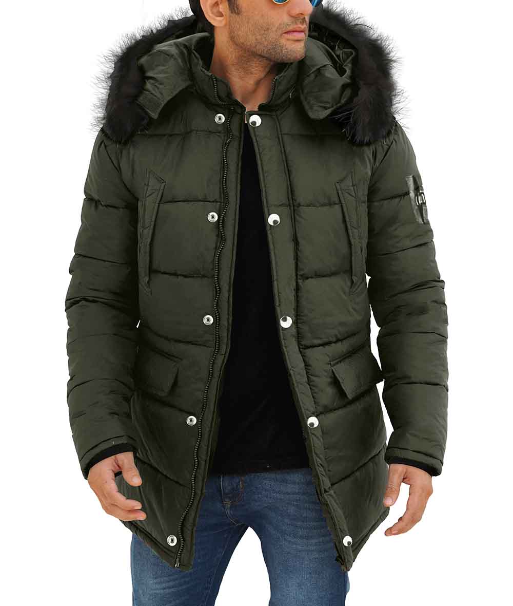 Mens Army Green 3/4 Length Puffer Coat With Fur Hood Mens Army Green 3/4 Length Puffer Coat With Fur Hood