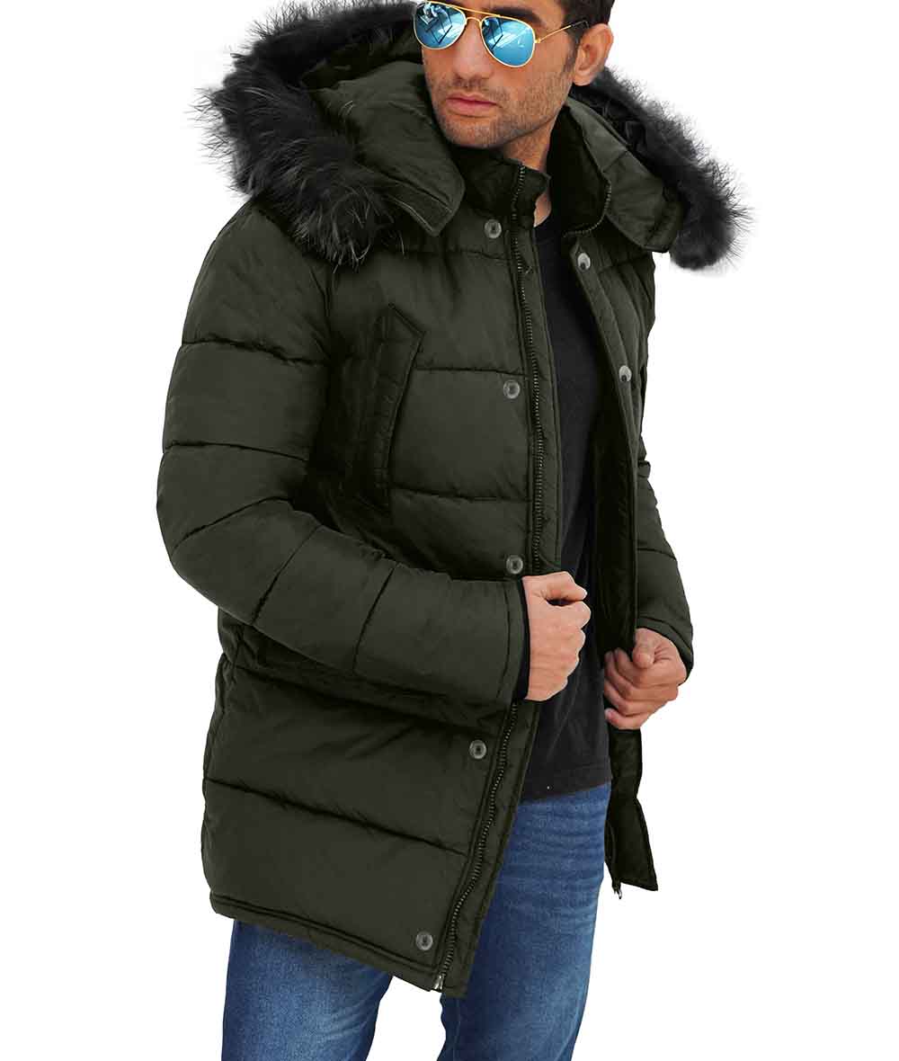 Mens Army Green 3/4 Length Puffer Coat With Fur Hood Mens Army Green 3/4 Length Puffer Coat With Fur Hood