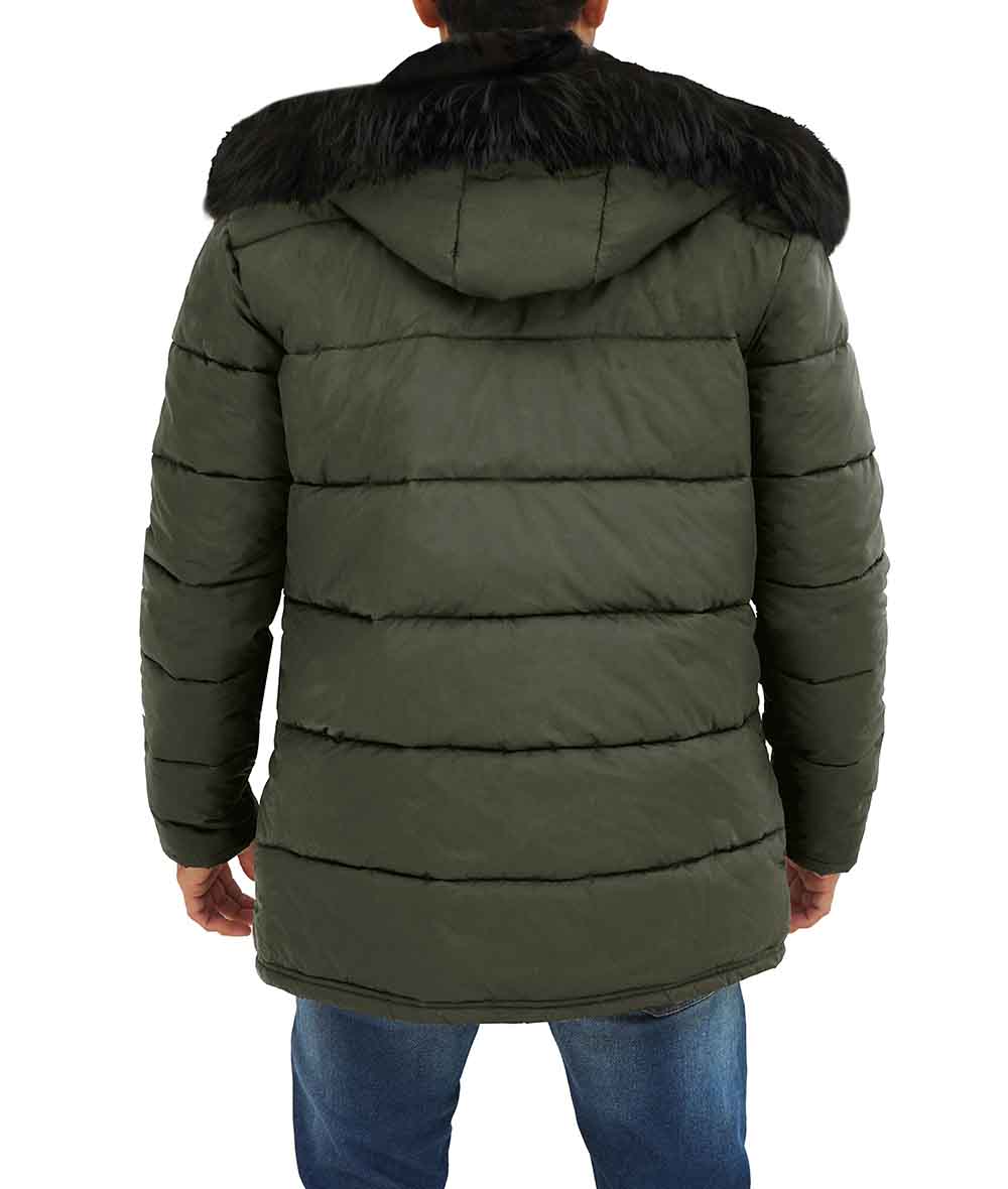 Mens Army Green 3/4 Length Puffer Coat With Fur Hood Mens Army Green 3/4 Length Puffer Coat With Fur Hood
