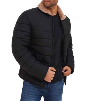  Mens Black Puffer Jacket With Shearling Collar