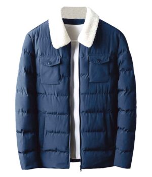  Mens Blue Puffer Jacket With Shearling Collar