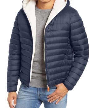  Mens Blue Sherpa Lined Puffer Jacket With Hood