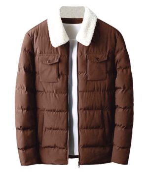  Mens Brown Puffer Jacket With Shearling Collar