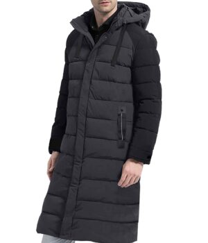  Mens Grey And Black Long Puffer Coat With Hood