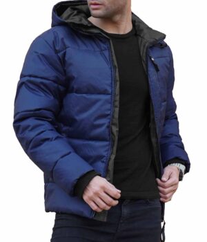  Mens Navy Blue Hooded Puffer Jacket With Hood