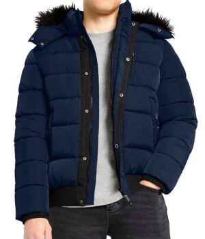  Mens Navy Blue Puffer Jacket With Fur Trim Hood
