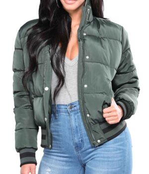  Olive Green Puffer Bomber Jacket Women