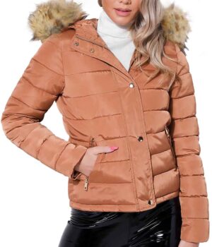  Tan Puffer Jacket With Fur Hood Womens