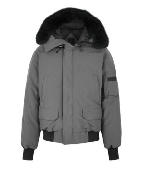  Women Gray Fur Trim Hood Bomber Jacket