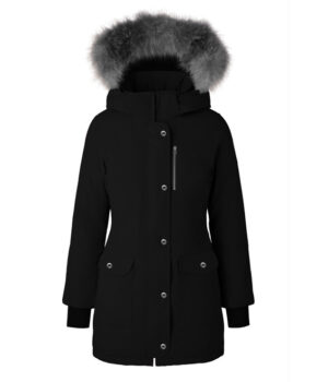 Womens 3/4 Length Black Fur Trim Hood Coat