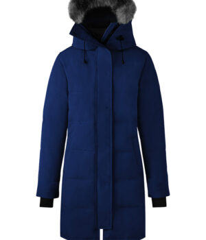  Womens 3/4 length Blue Fur Trim Hood Coat