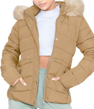  Womens Beige Puffer Jacket With Fur Trim Hood