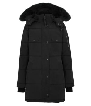  Womens Black Fur Trim Hood 3/4 Length Coat