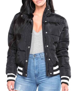  Womens Black Puffer Bomber Jacket