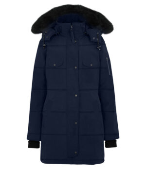  Womens Fur Trim Hood 3/4 Length Blue Coat