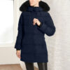  Womens Fur Trim Hood 3/4 Length Blue Coat