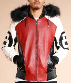 8 Ball Logo Fur Hooded Leather Jacket
