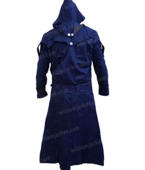  	Assassins Creed White and Blue Hooded Leather Coat