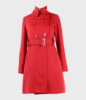 Womens Red Belted Mid-Length Coat